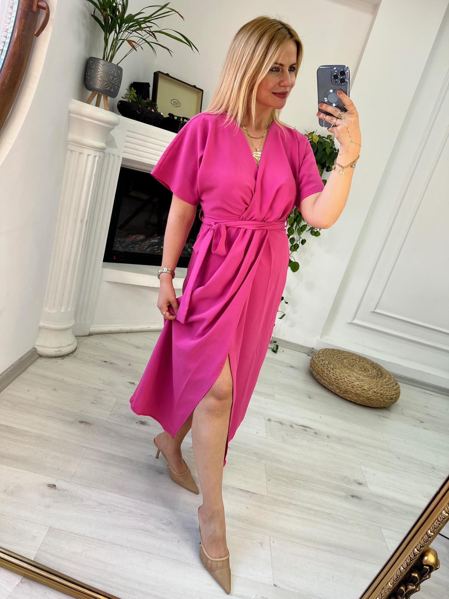 2930 Bel Detaylı Yarasa Elbise PEMBE