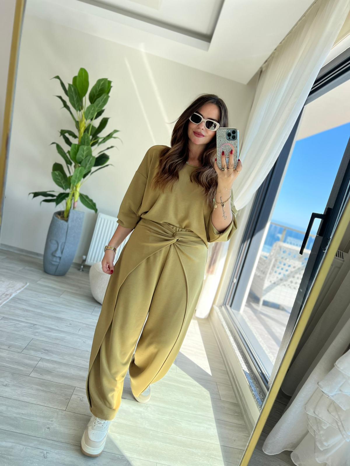 3149 Pantolonu Bluzu Düğüm Detay Takım olive