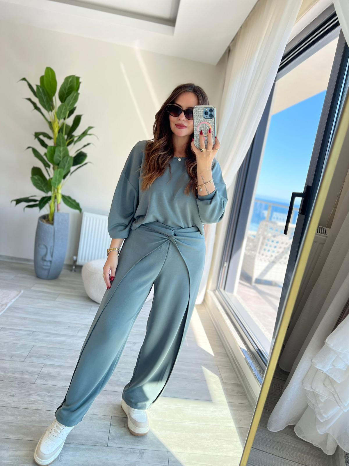 3149 Pantolonu Bluzu Düğüm Detay Takım ÇİMEN YEŞİLİ