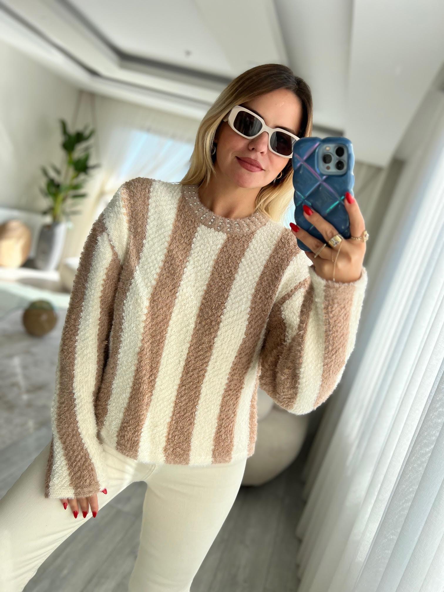 3172 Angora Boyuna Çizgili Crop Kazak VANİLYA
