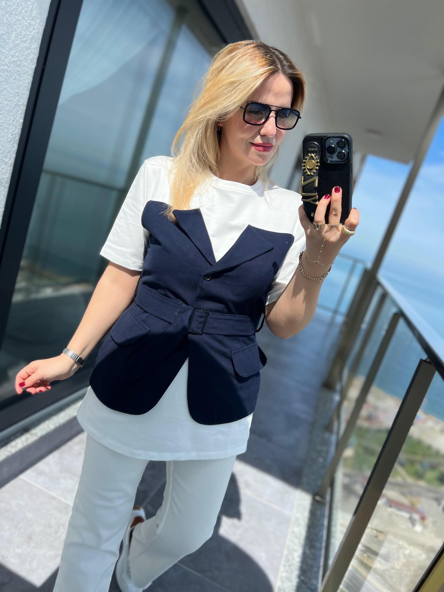 34017 Gabardin Garnili Yelekli Tshirt LACİVERT