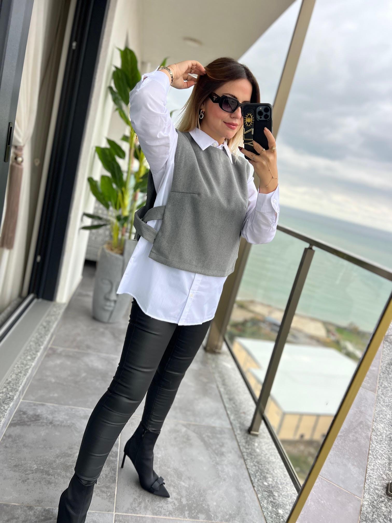 34140 Poplin Gömlekli Kısa Süveter GRİ
