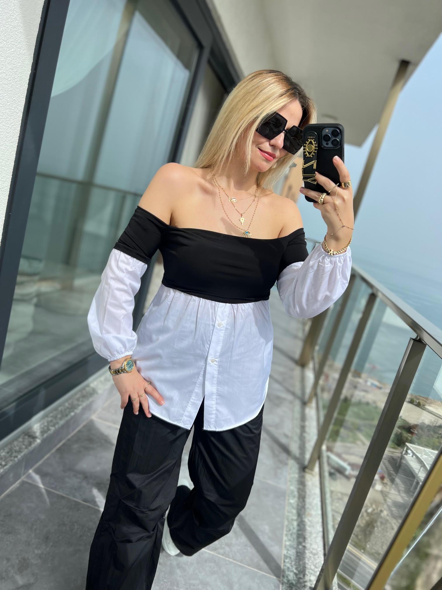 342225 Sandy Kayık Yaka Poplin Garnili Bluz SİYAH