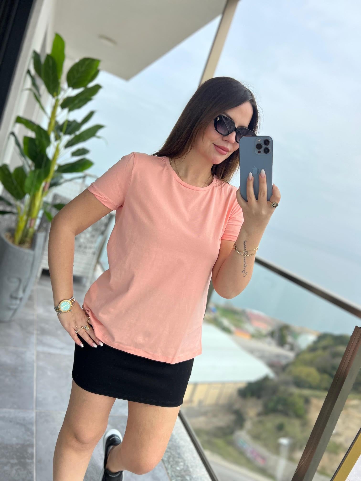 3471 Yuvarlak Yaka Basic Tshirt ŞEFTALİ