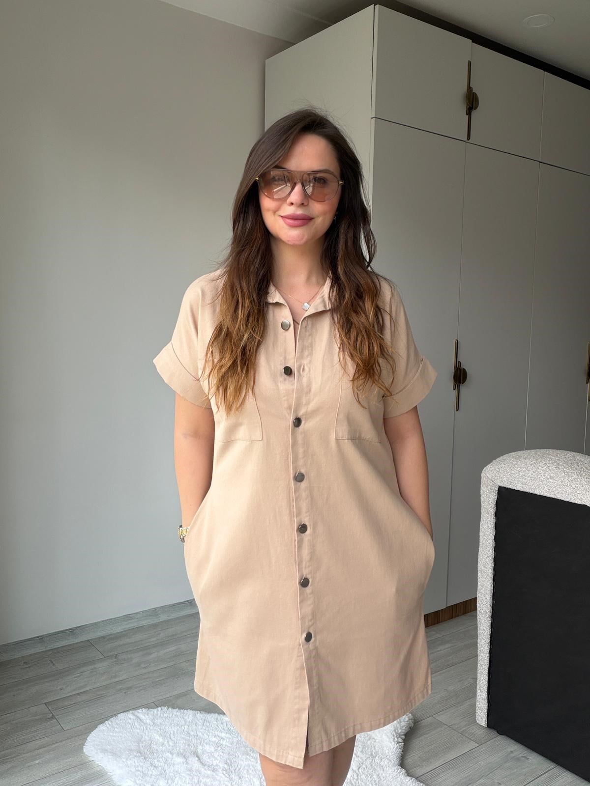 410 Yıkamalı Gabardin Elbise BEJ