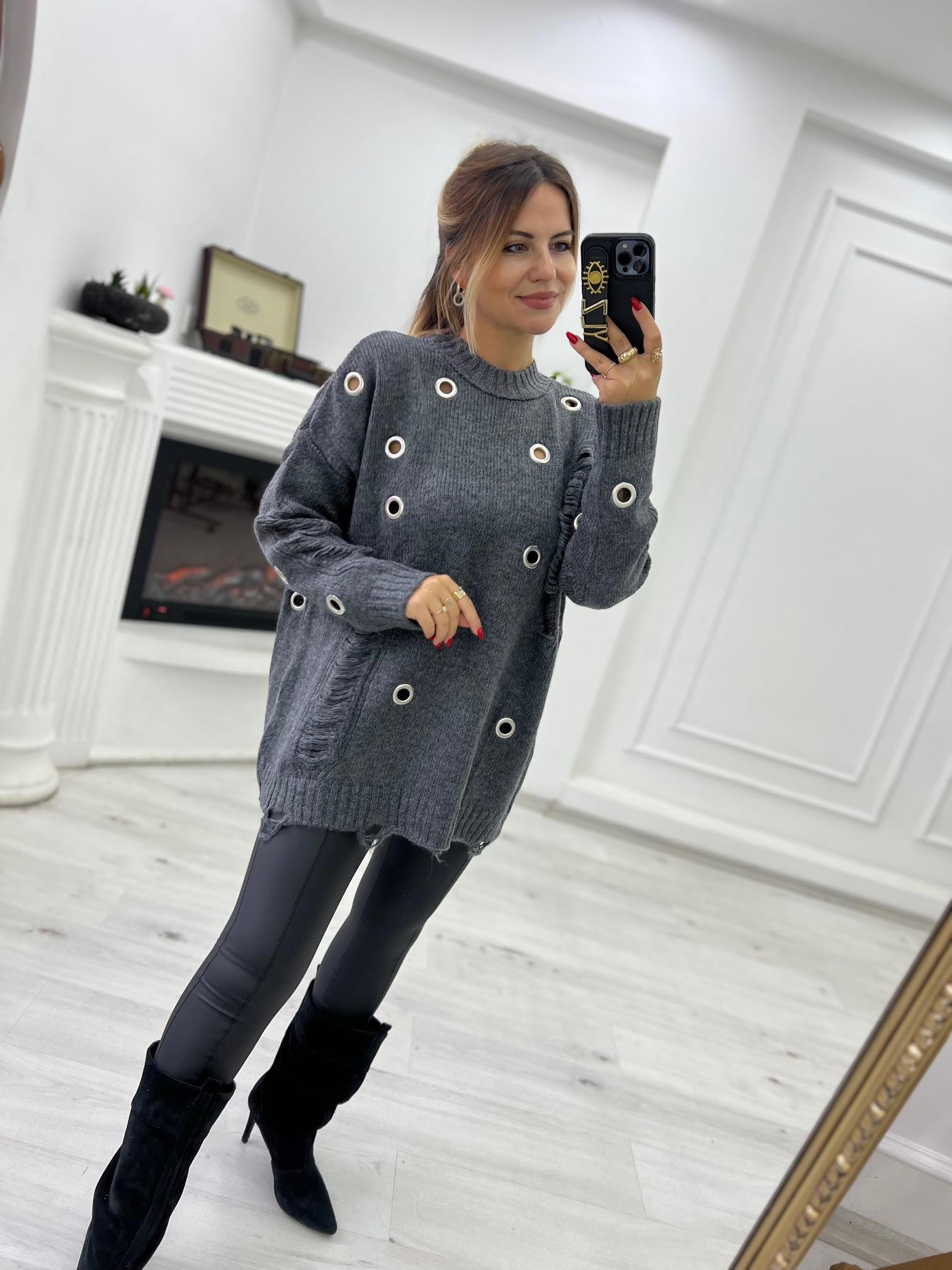 4214 Metal Yırtık Detay Tunik Kazak ANTRESİT