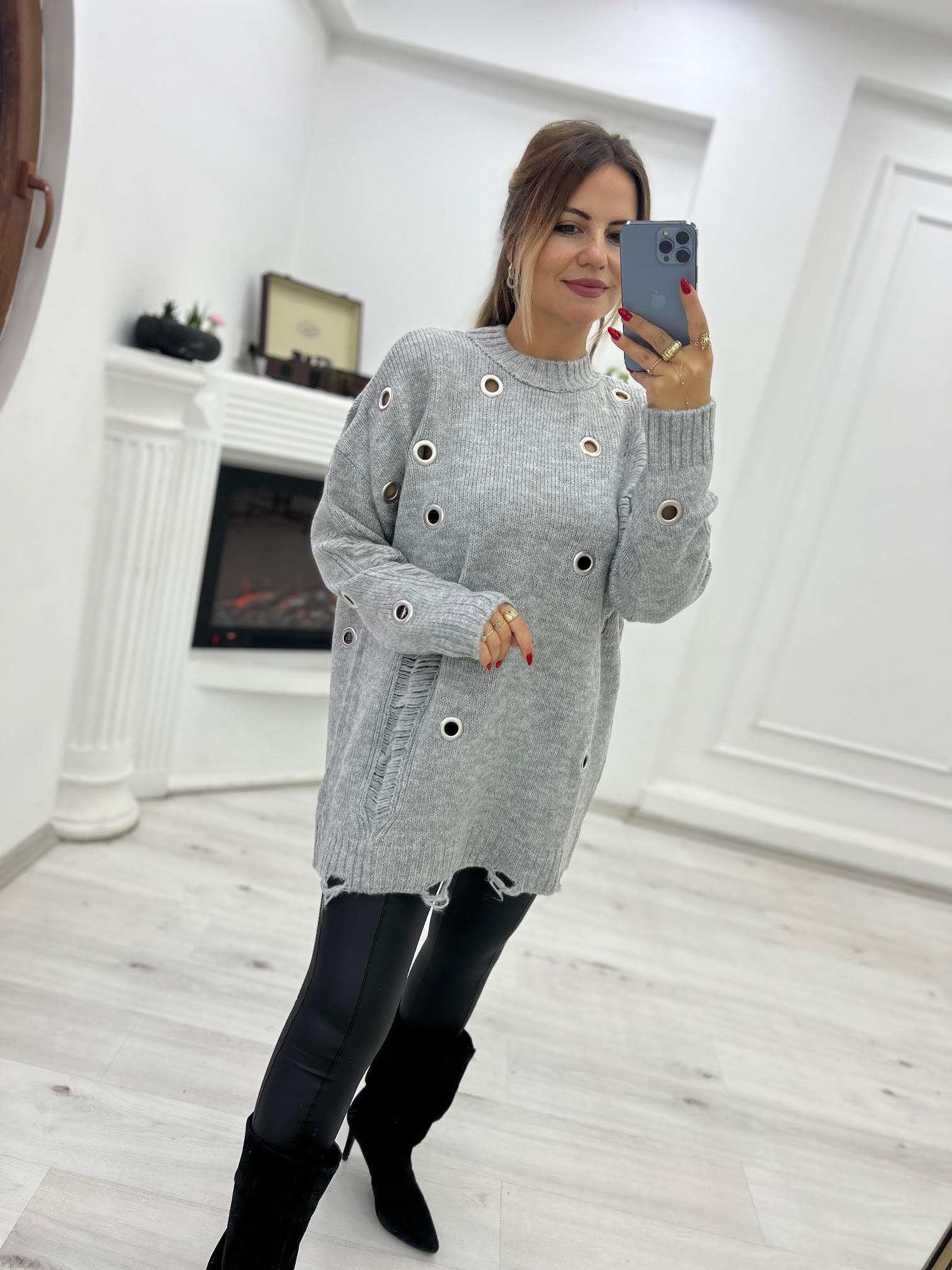 4214 Metal Yırtık Detay Tunik Kazak FÜME