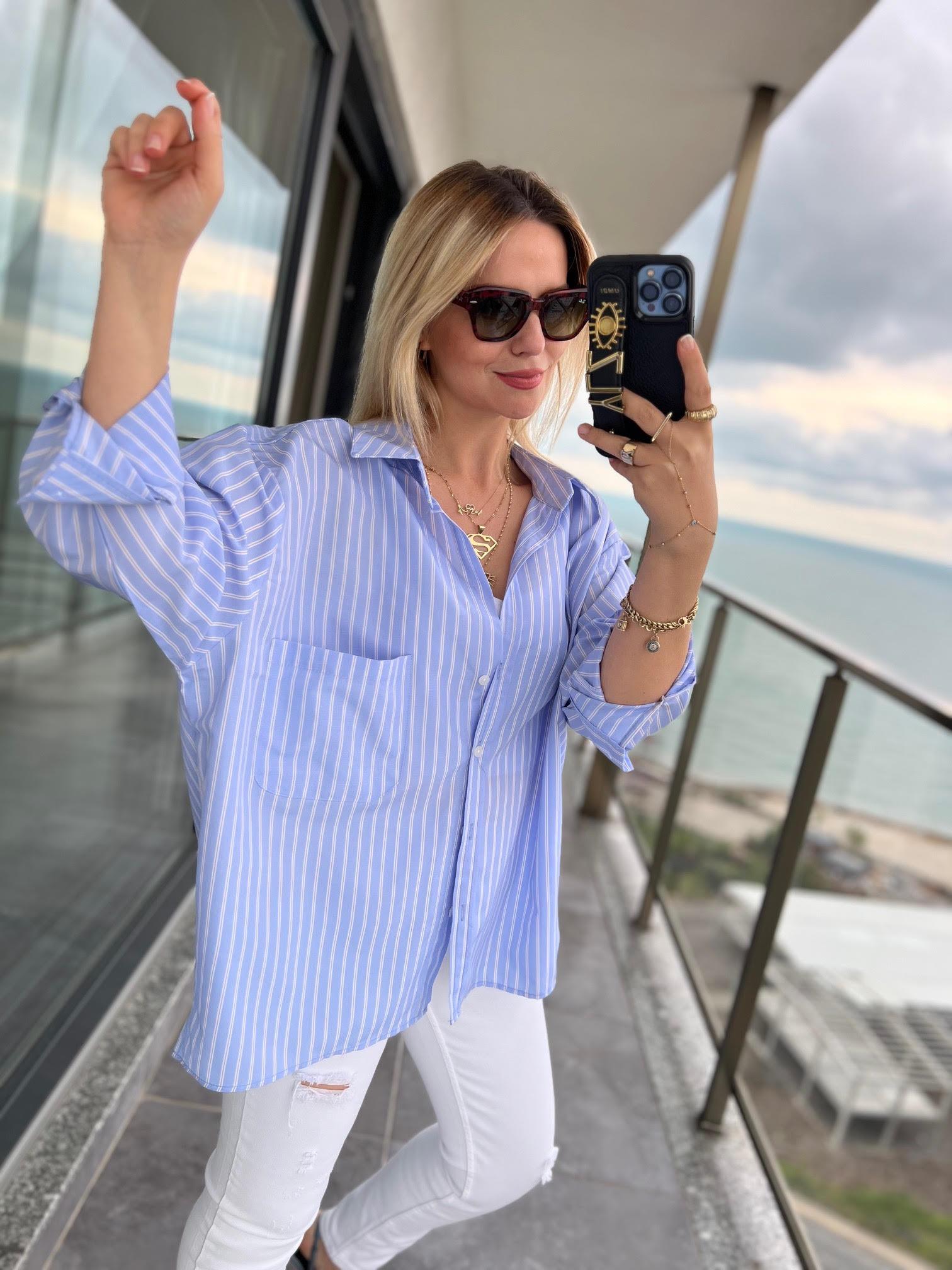 4458 Oversize Çizgili Salaş Gömlek BEBE MAVİ