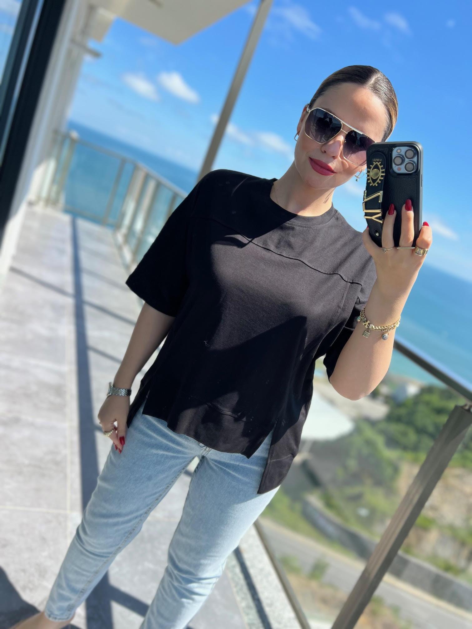 4458 Yırtmaçlı Parçalı Tshirt SİYAH