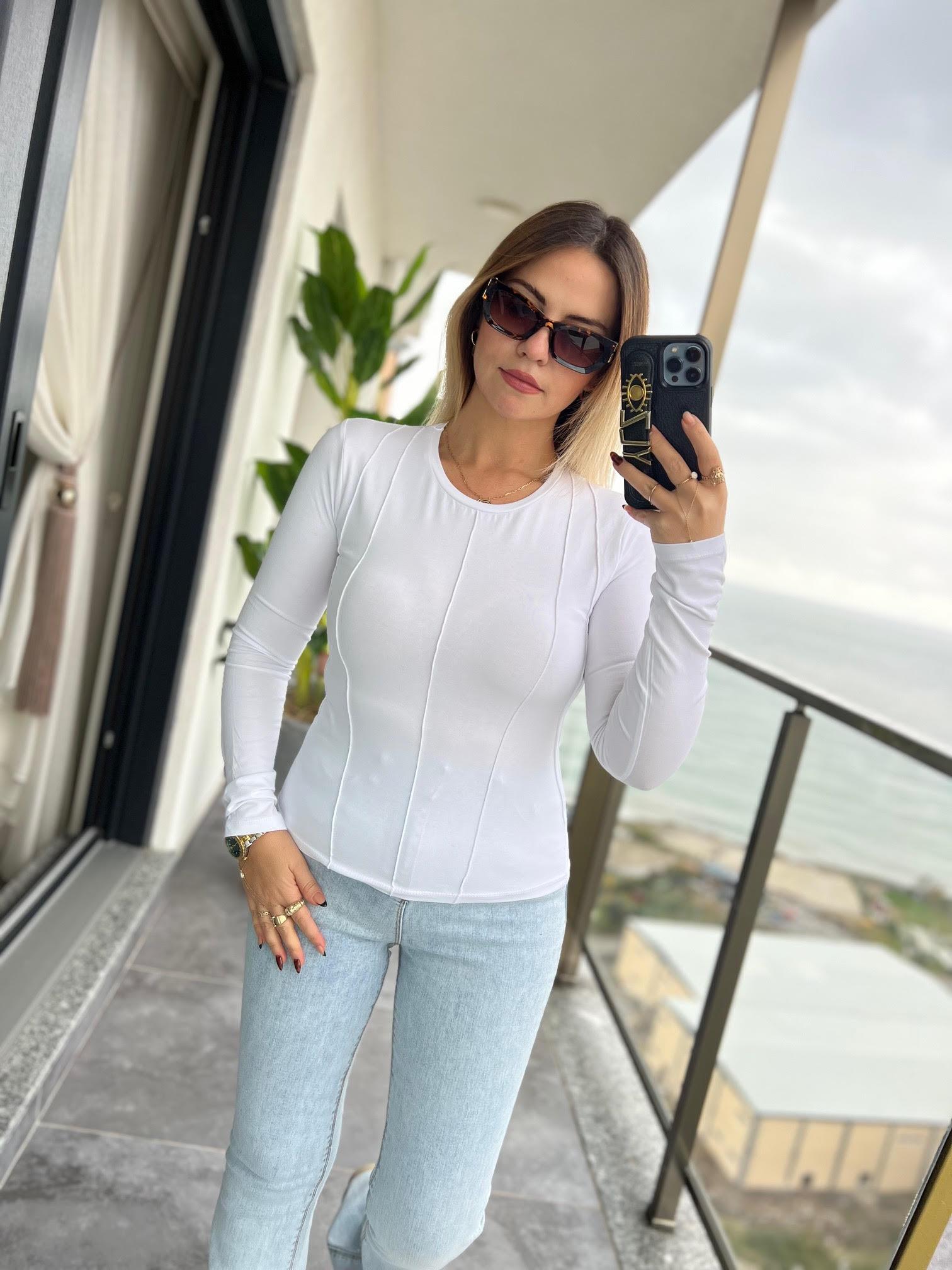 4505 Önü Dikişli Bluz BEYAZ