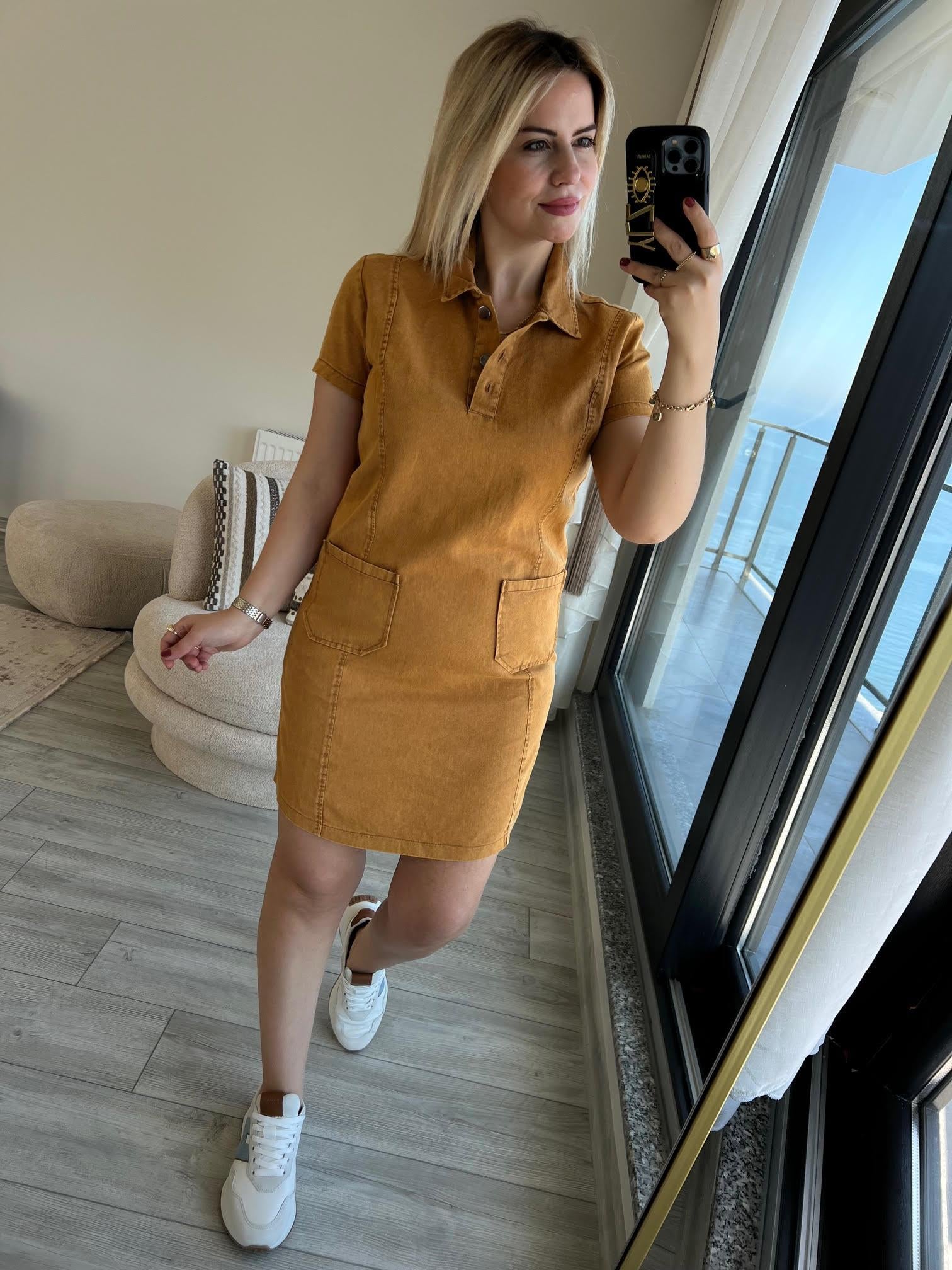 458 Ön Cepli Gabardin Elbise CAMEL