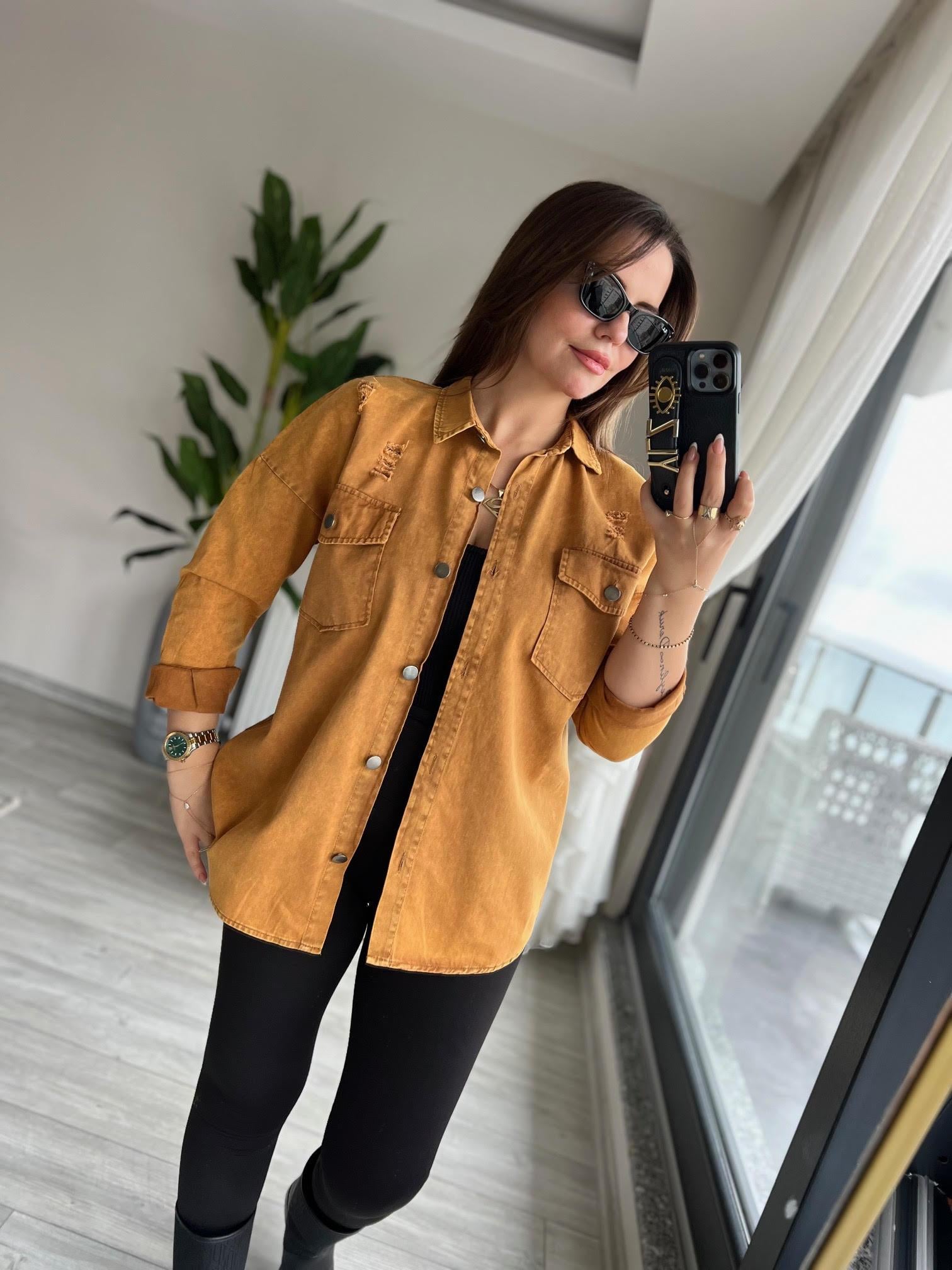 475 Yırtıklı Gabardin Gömlek HARDAL