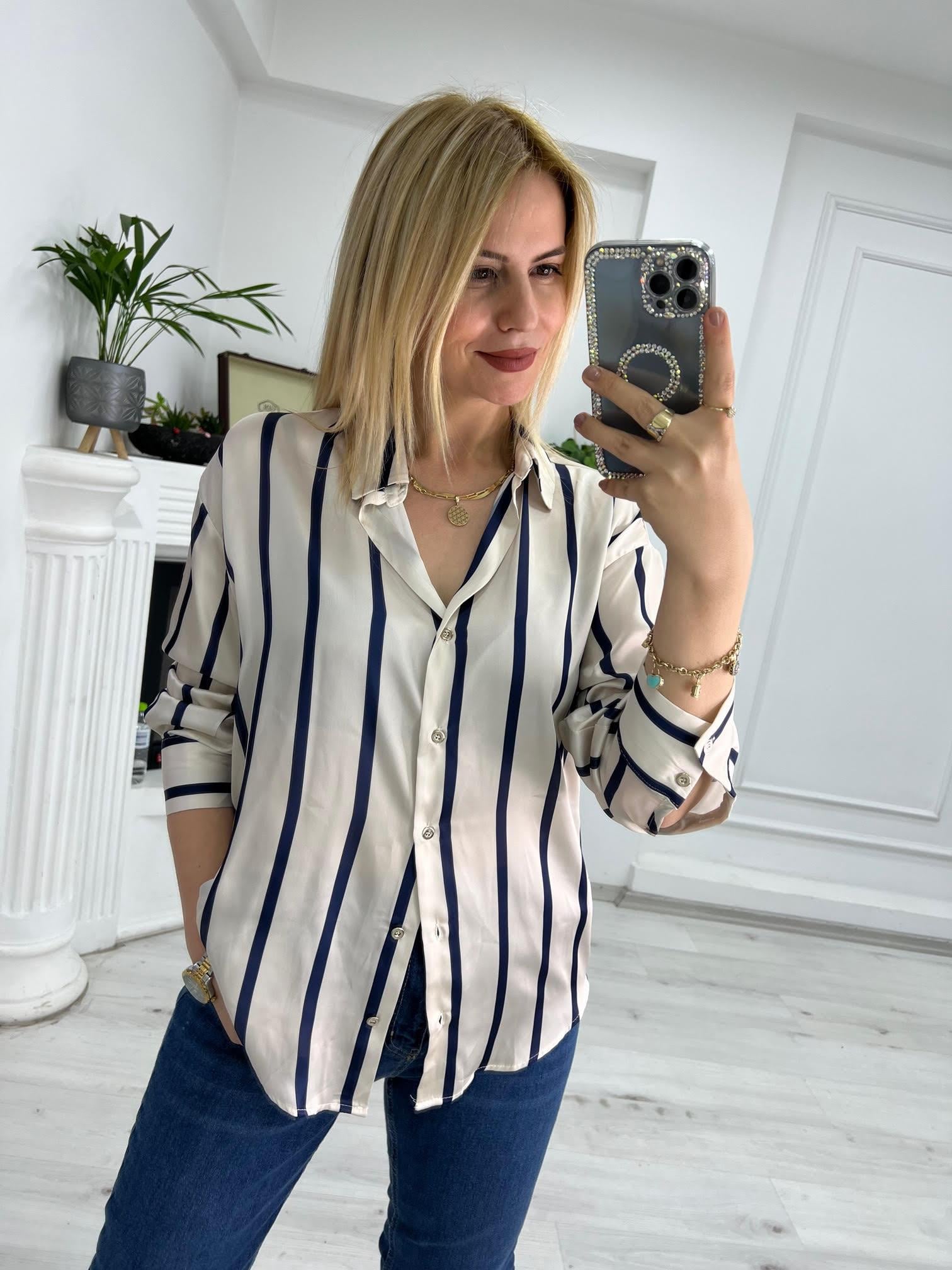 4764 Çizgili Saten Gömlek KREM