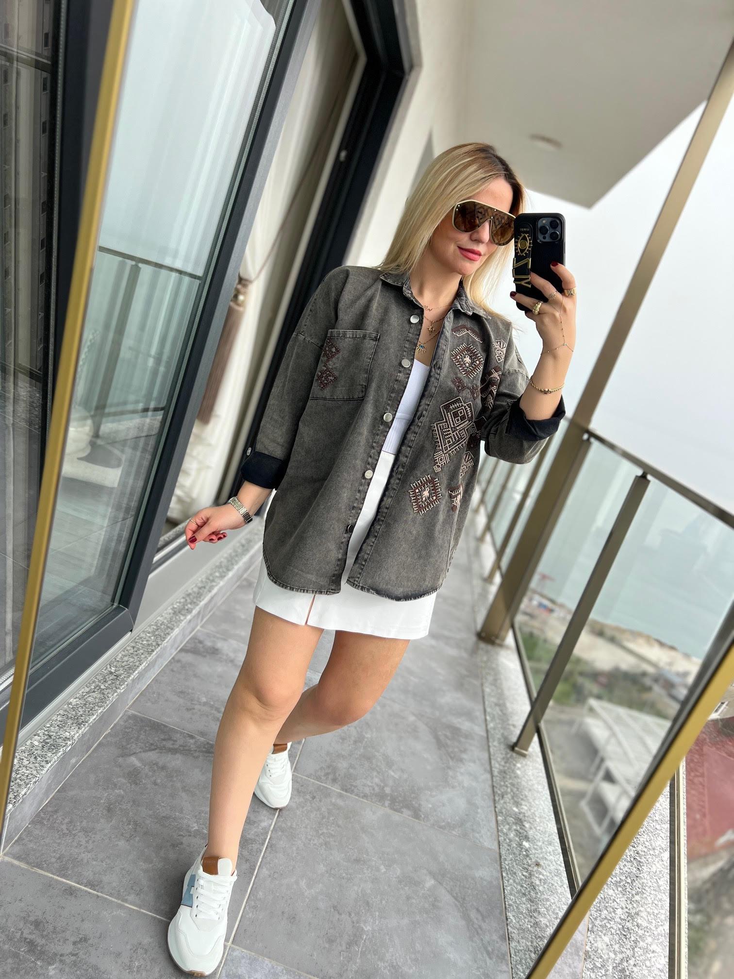 477 Etnik Desen Gabardin Gömlek ANTRESİT