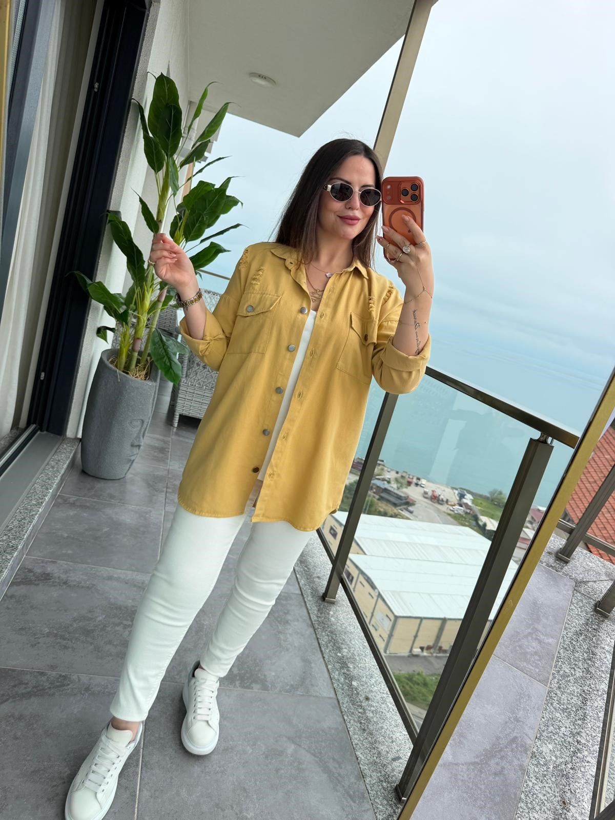 479 Uzun Yırtıklı Gabardin Gömlek HARDAL