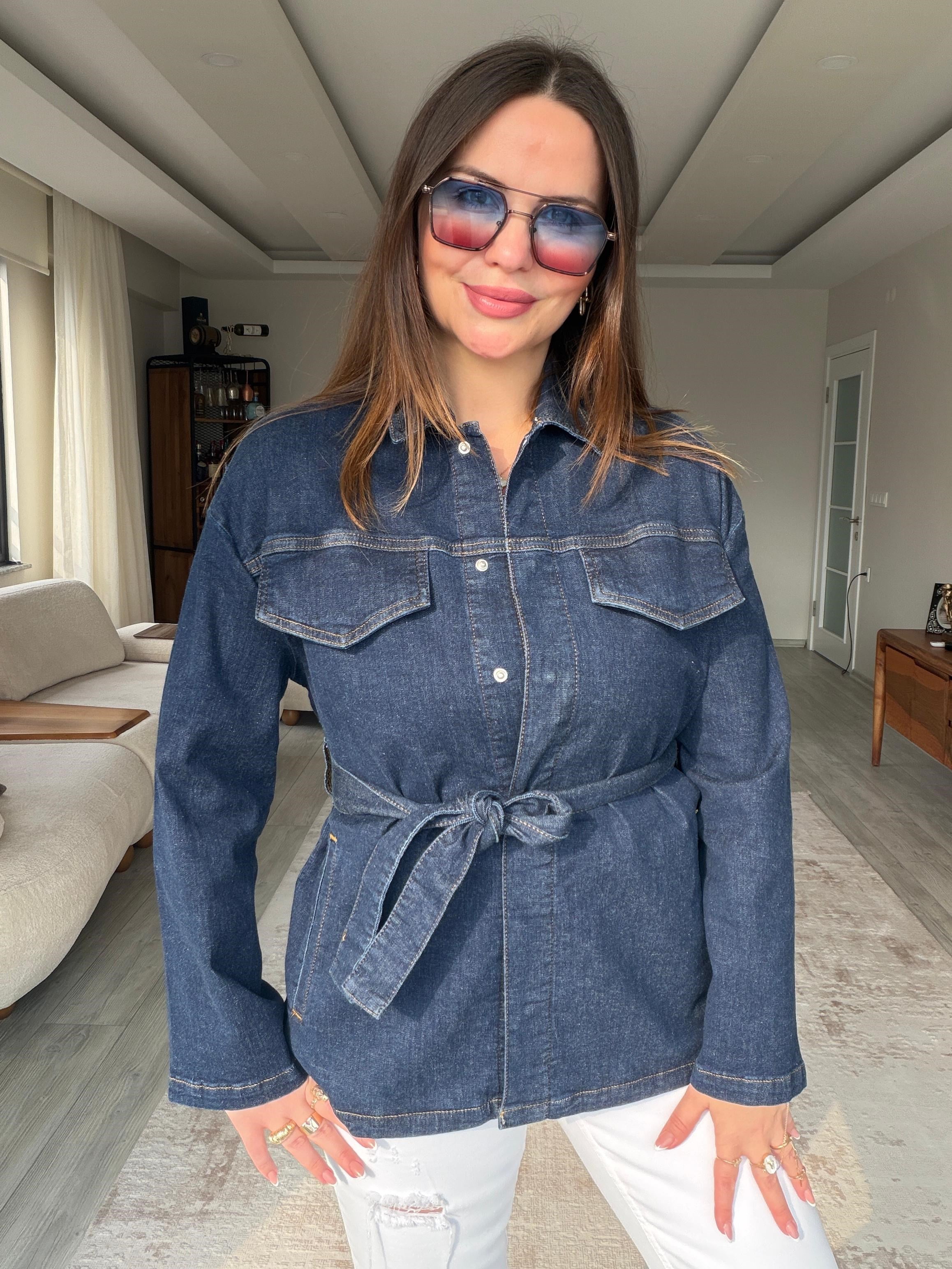 5001 Kemerli Kot Ceket LACİVERT