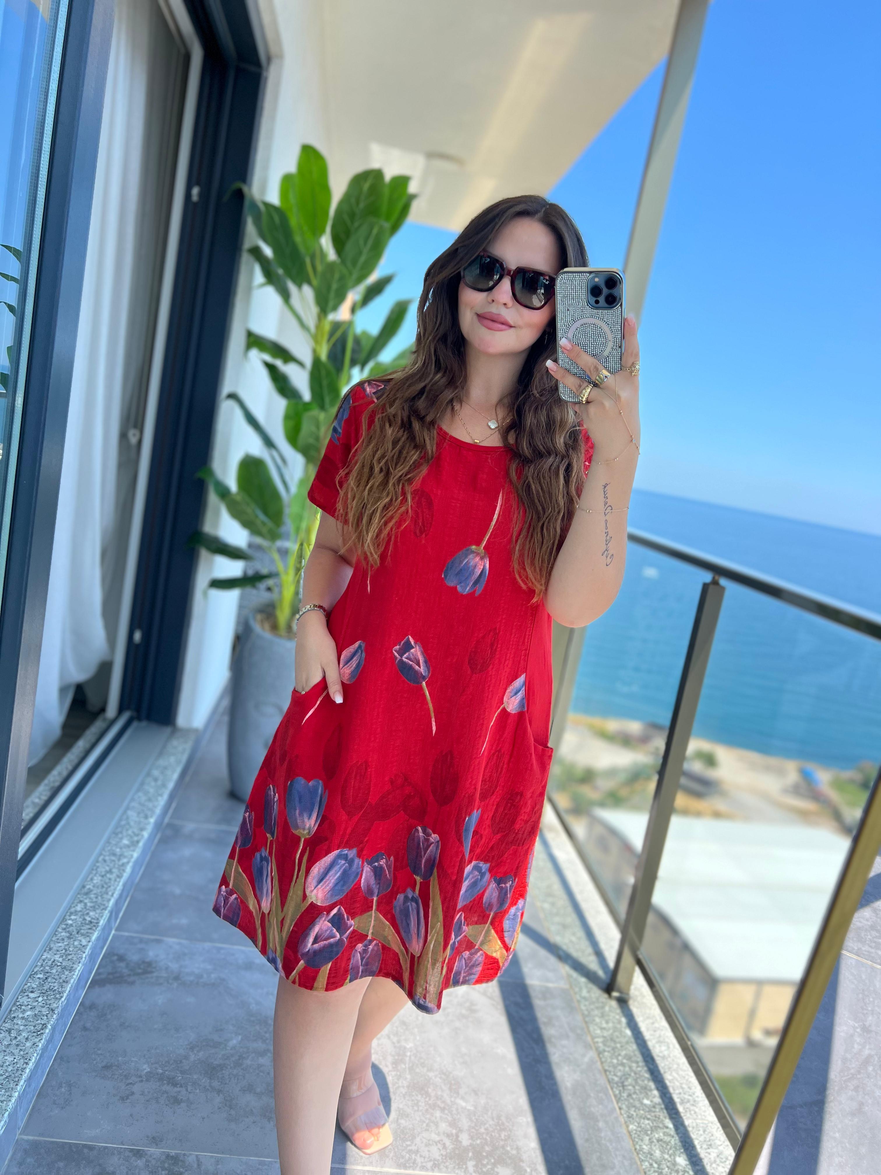 51017 Lale Desen Kısa Elbise KIRMIZI