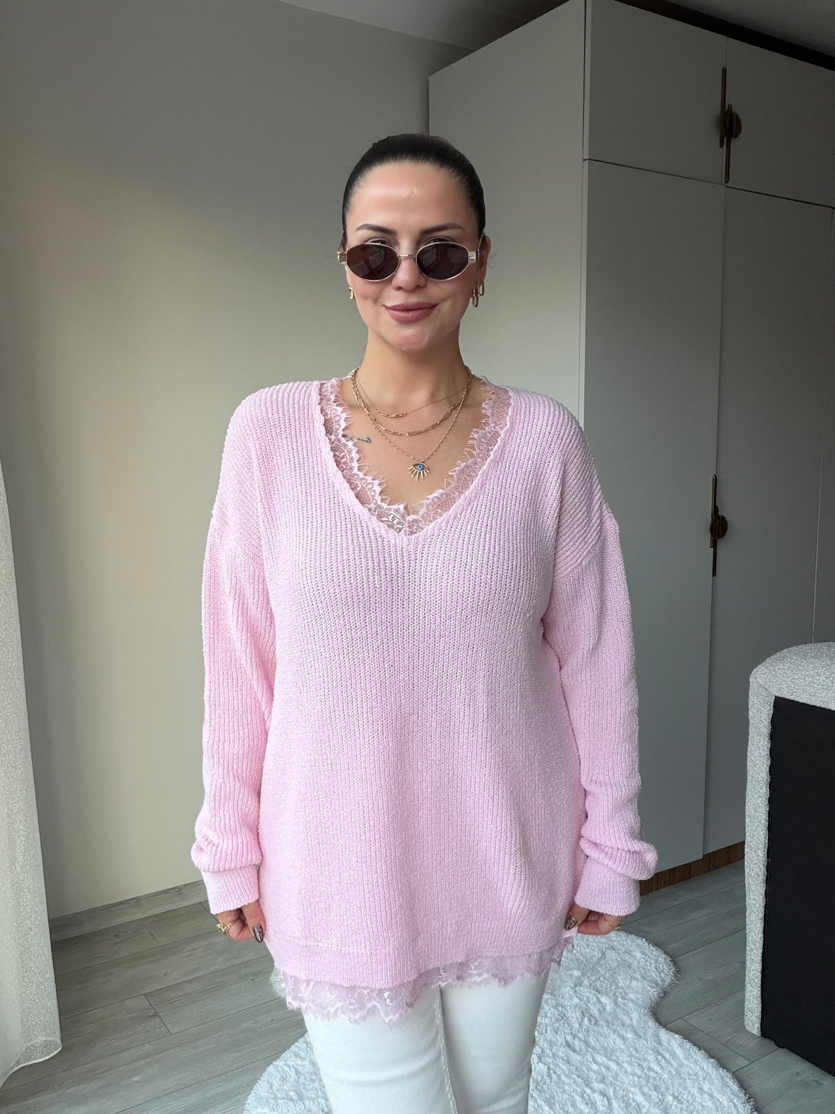 5350 V Yaka Trıko Kazak PEMBE
