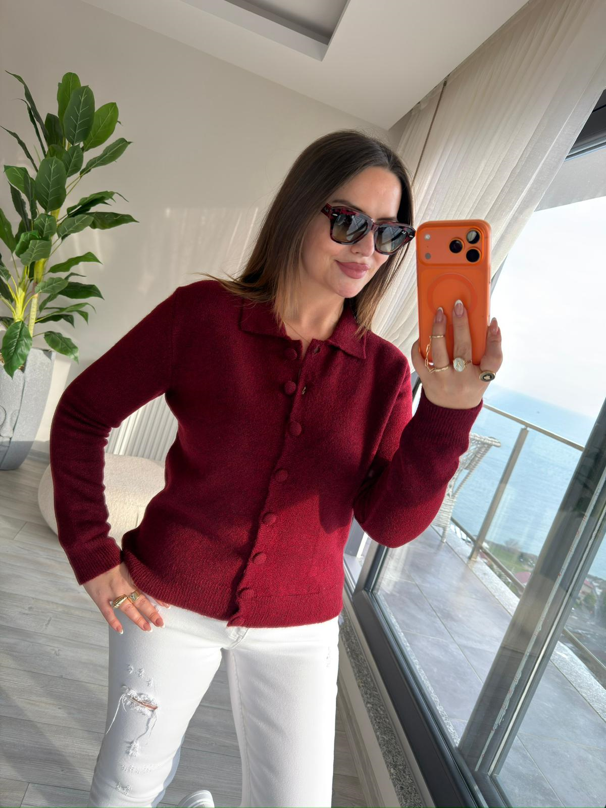 5727 Polo Yaka Triko Hırka BORDO