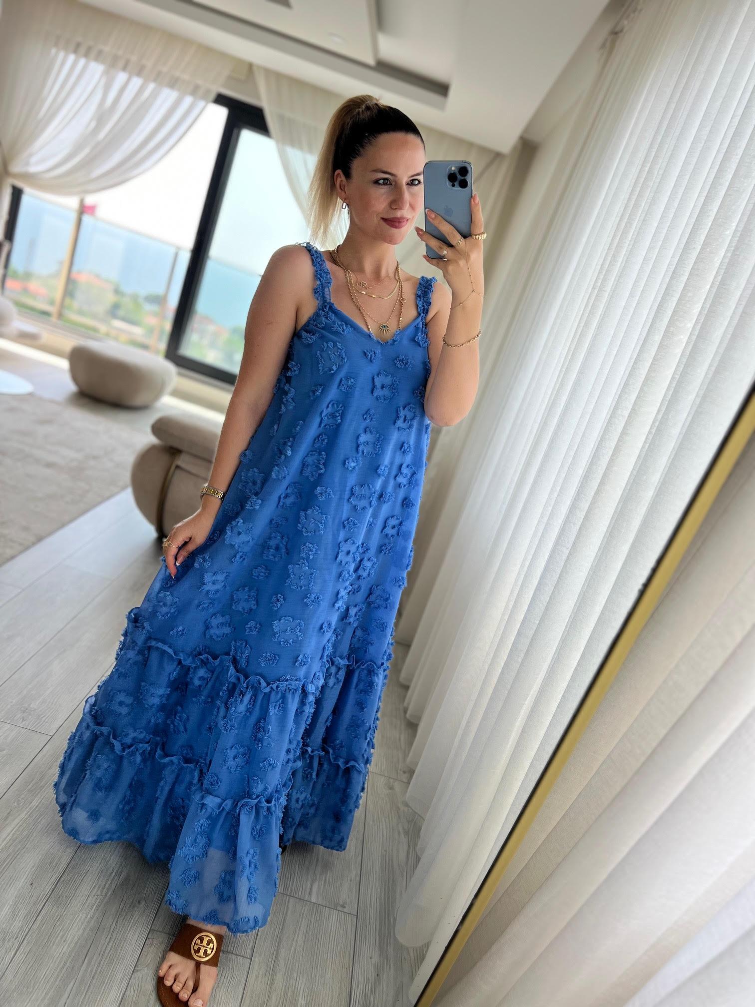 6110 Askılı Tül Elbise MAVİ