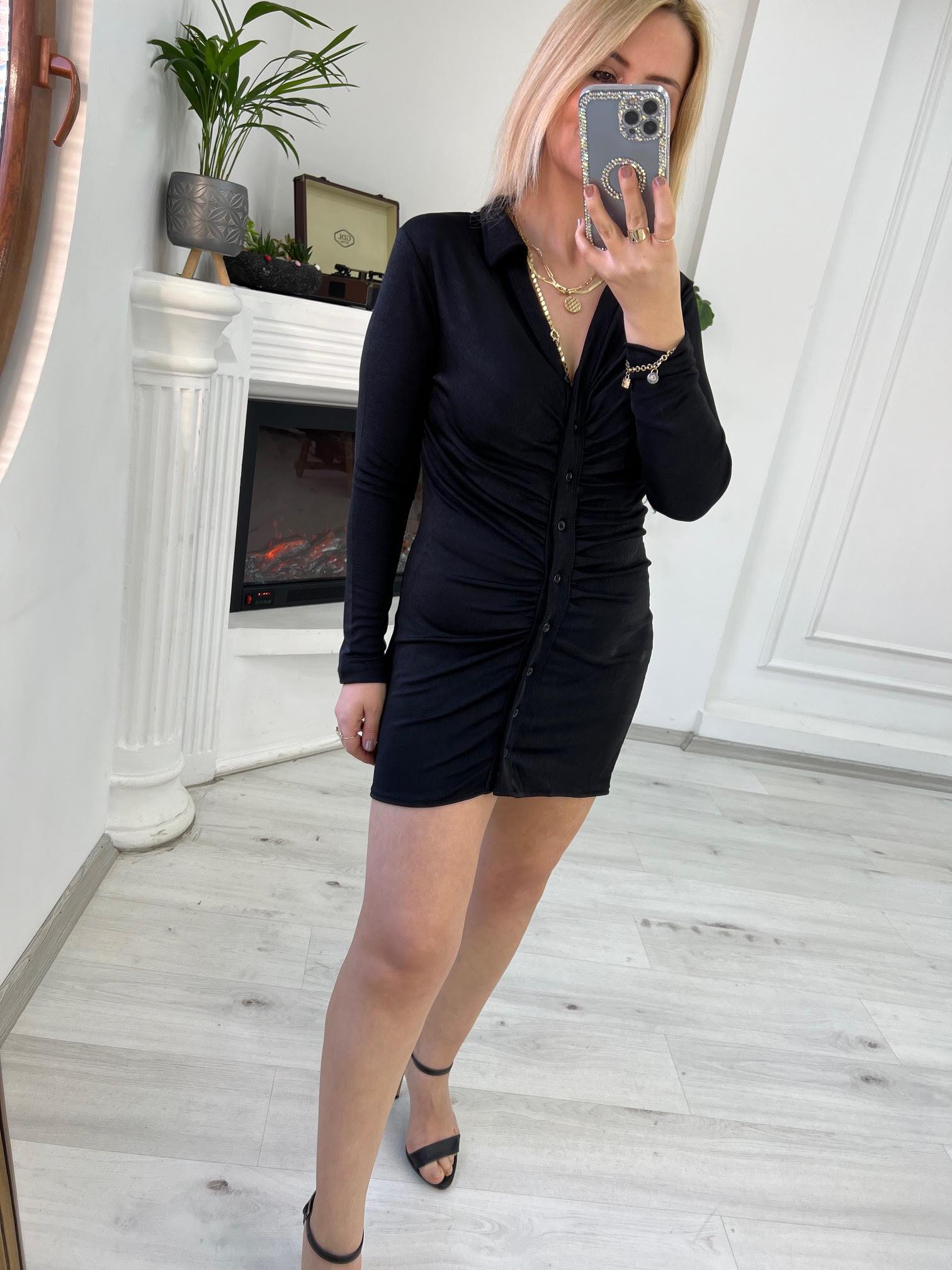 6873 Düğmeli Buzzy Elbise SİYAH