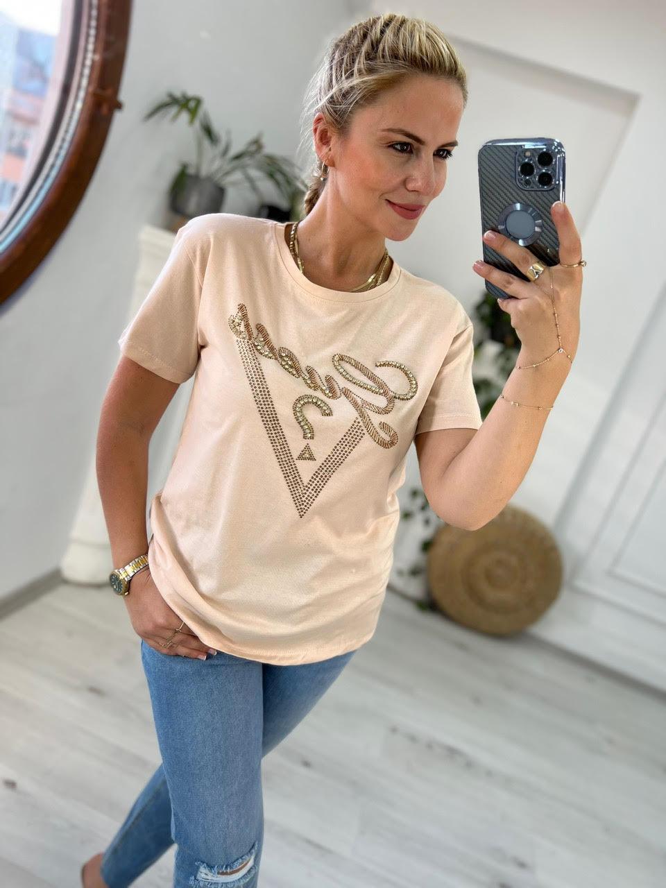 7596 Boncuk İşlemeli Tshirt BEJ
