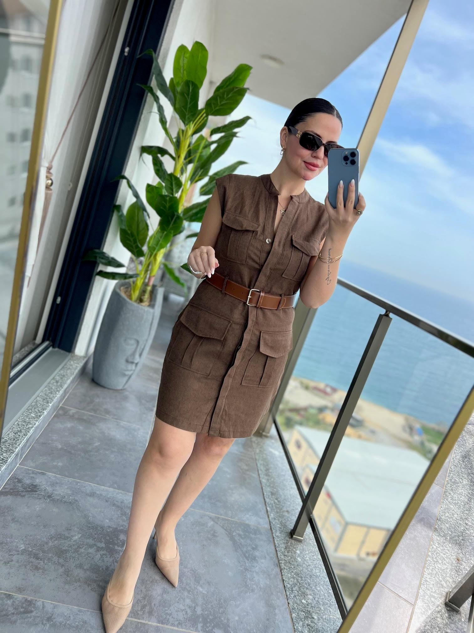 8100 Keten Safari Elbise KAHVE