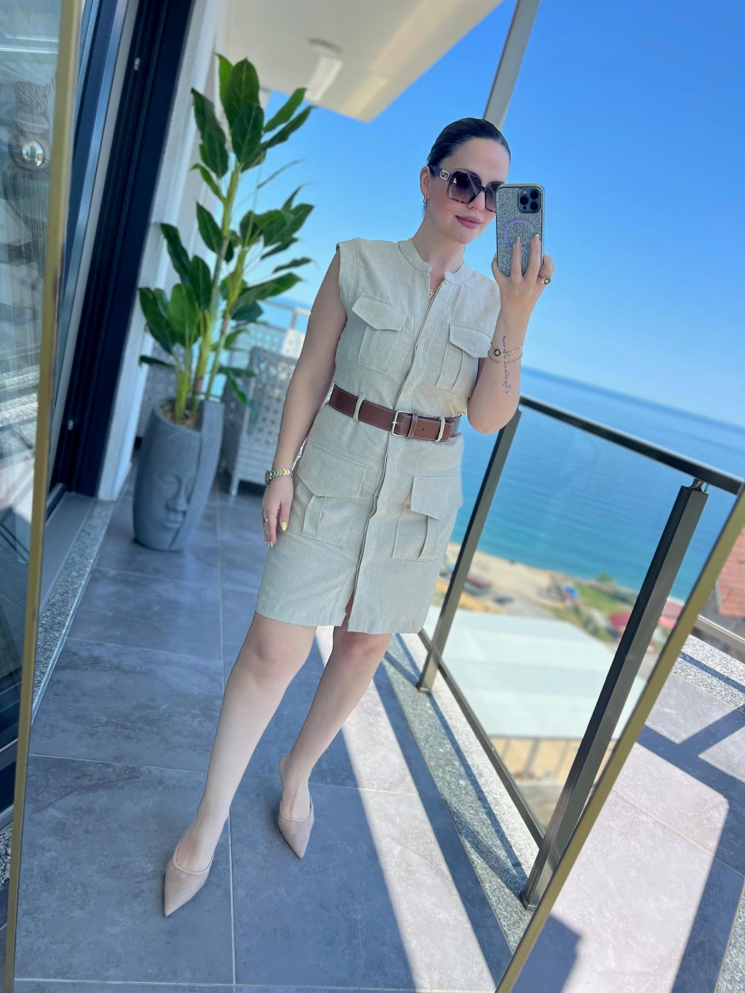 8100 Keten Safari Elbise TAŞ
