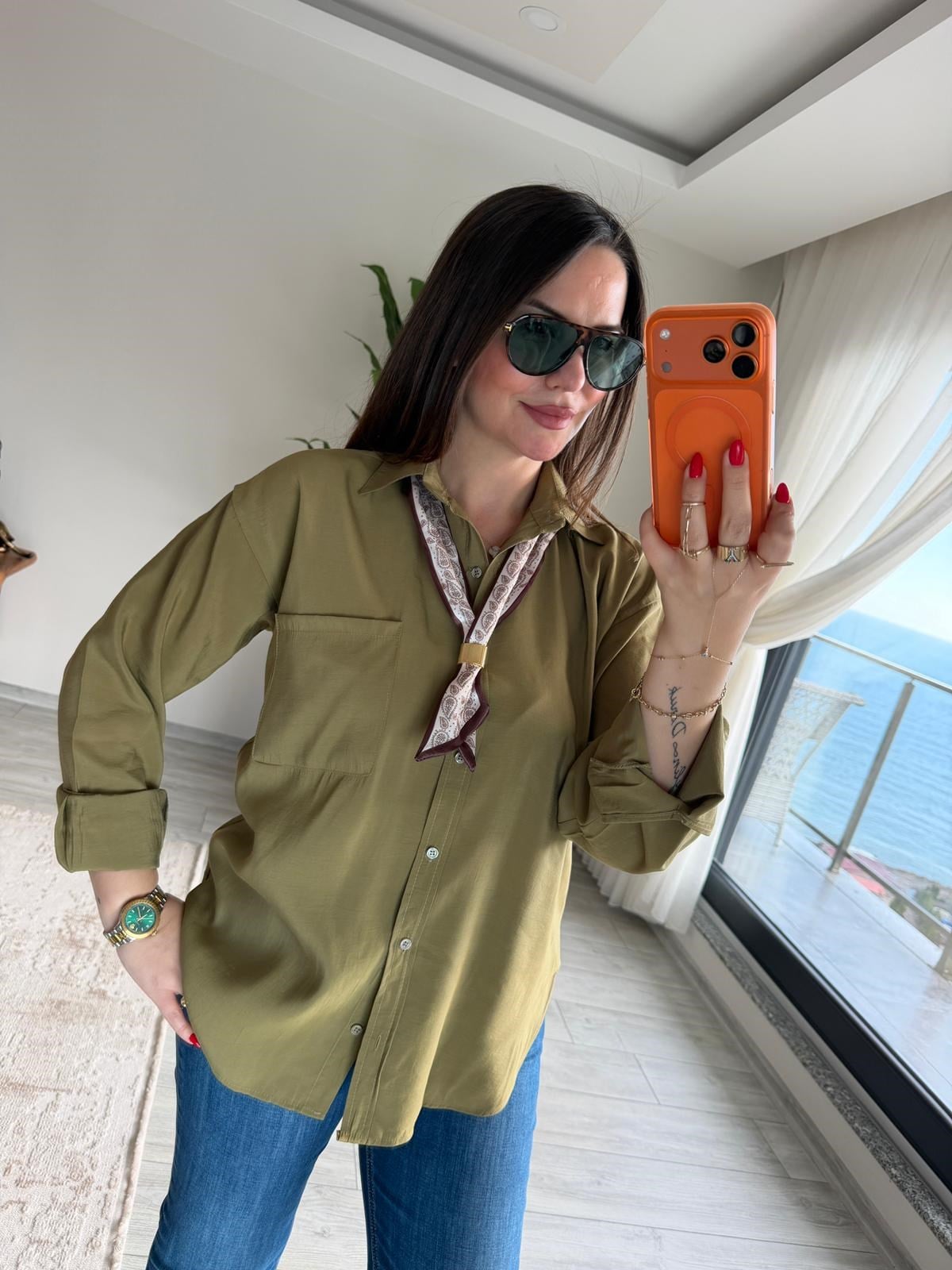 8410 Şal Flar Detaylı Gömlek olive