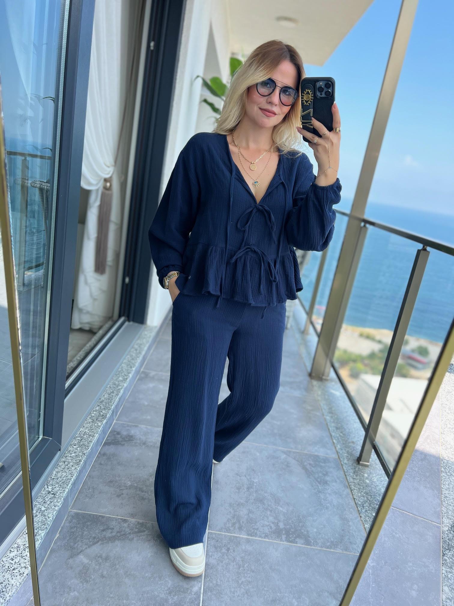8666 Bağlamalı Gömlek Pantalon Takım LACİVERT