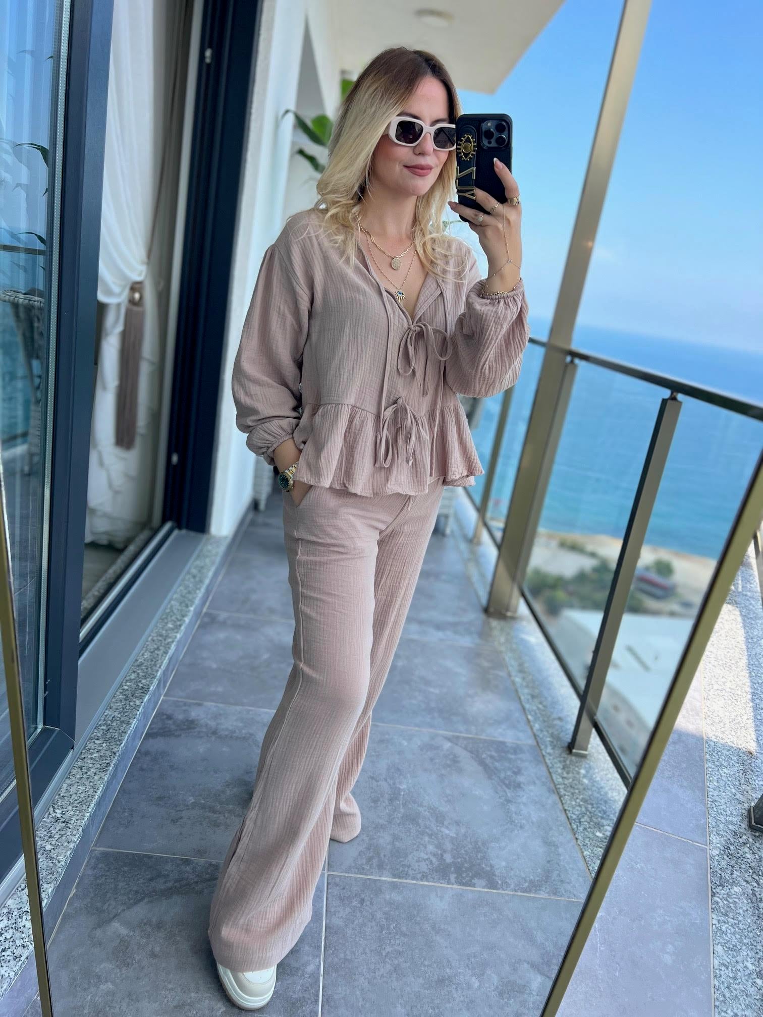 8666 Bağlamalı Gömlek Pantalon Takım VİZON