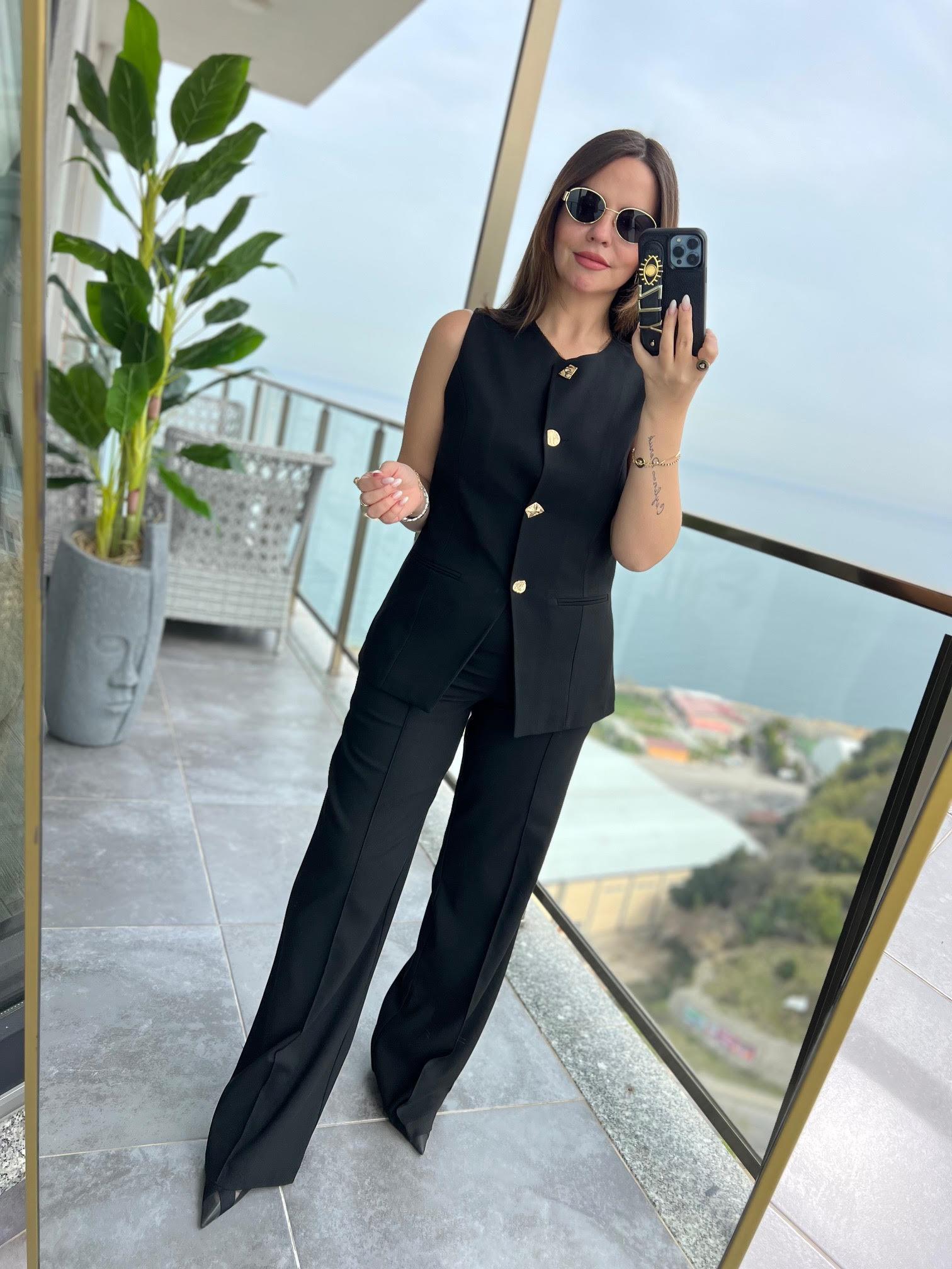 9193 Karma Düğmeli Takım SİYAH