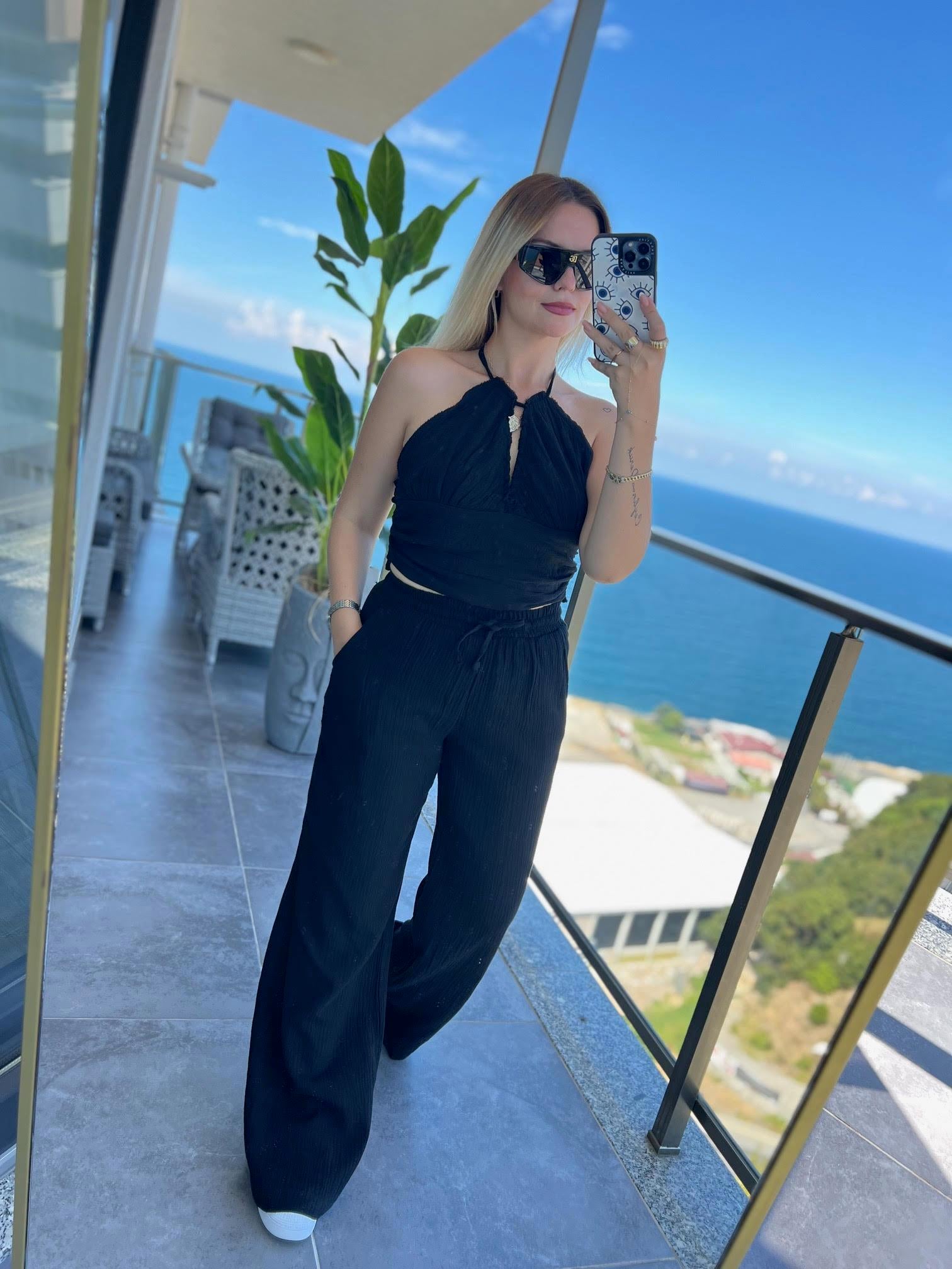 98658 Crop Pantolon Yakım SİYAH