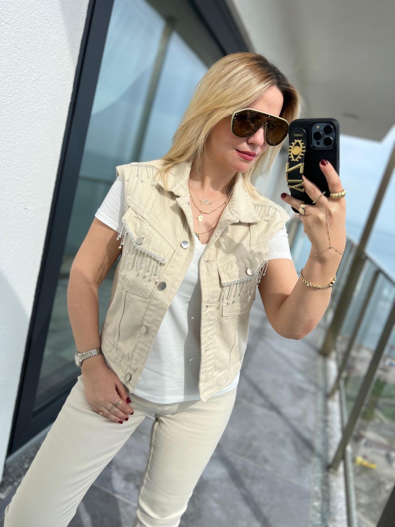 99022 Taşlı Kot Ceket EKRU