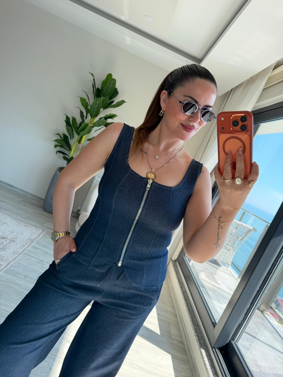 9931 Fermuarlı Bluz MAVİ