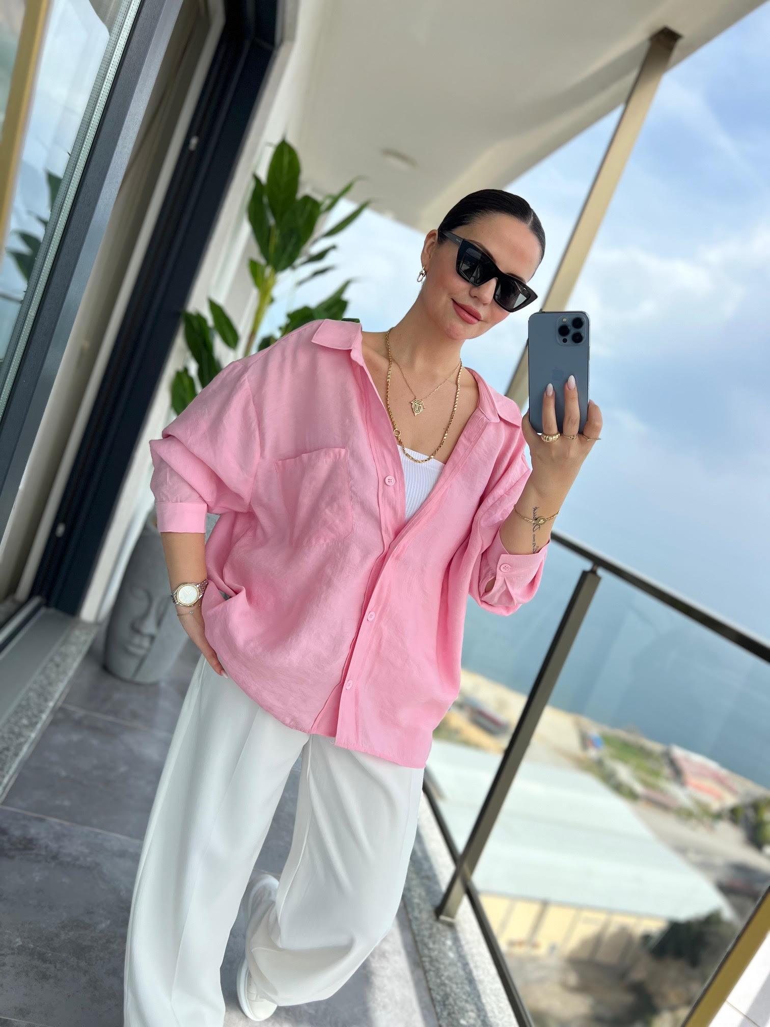 Düşük Omuz Owersize Gömlek PEMBE