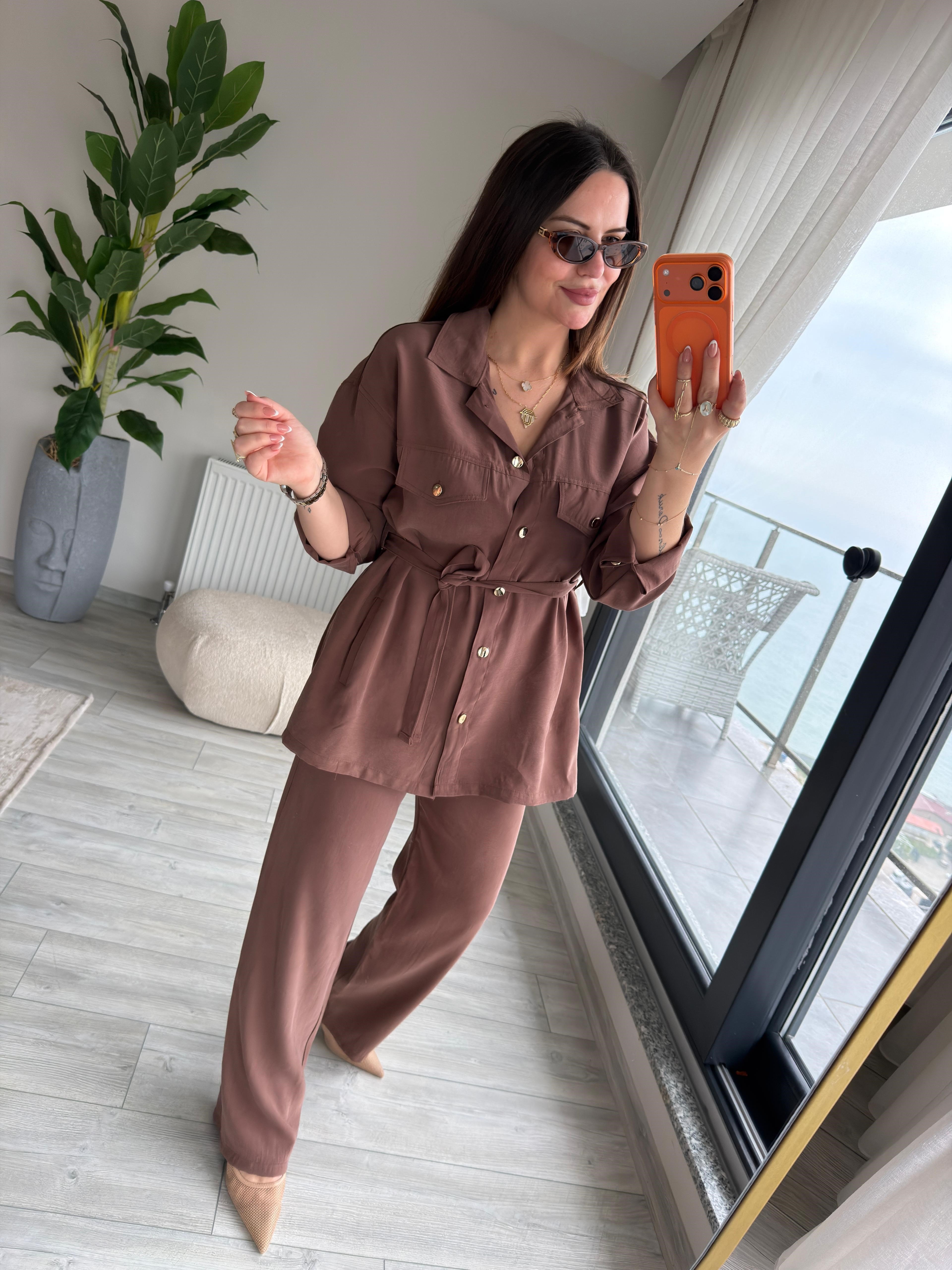 Kemerli Tencel Takım KAHVE