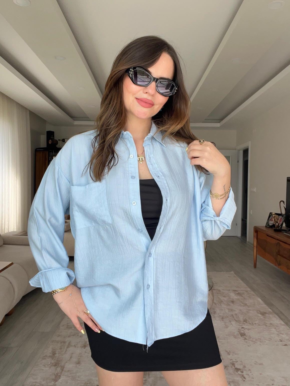 Kendinden Çizgili Gömlek BEBE MAVİ