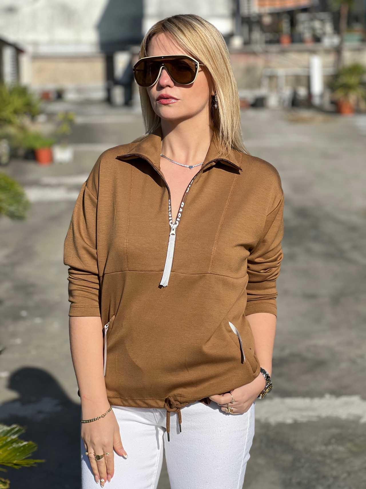 Scuba Kumaş Yarım Fermuar Sweat KAHVE