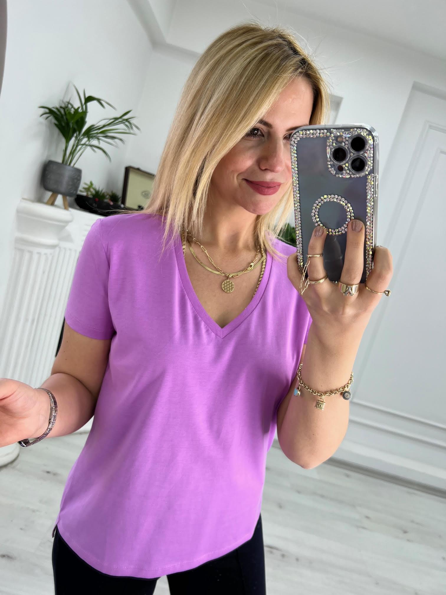 V Yakalı Tshirt LİLA