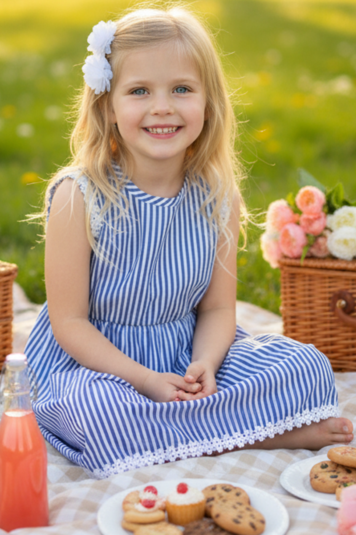 Parla Kids Mavi Beyaz Çizgili Fistolu Elbise Beyaz Toka Takım,  – Parla Kids resmi ürün görseli