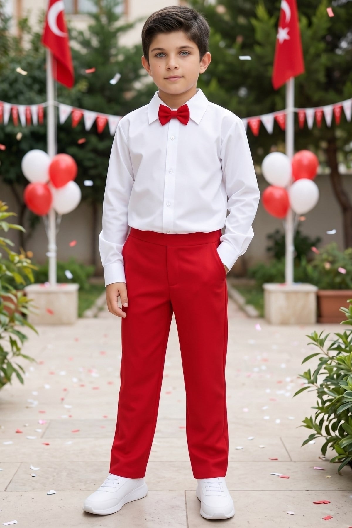 Parla Kids Erkek Çocuk Milano Beyaz Gömlek Kırmızı Pantolon Papyonlu Alt Üst Takım 23 Nisan Gösteri Kıyafeti, ERKEK ÇOCUK – Parla Kids resmi ürün görseli