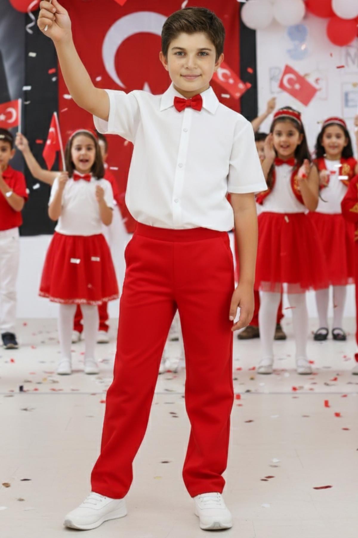 Parla Kids Erkek Çocuk Santino Beyaz Gömlek Kırmızı Pantolon Papyonlu Alt Üst Takım 23 Nisan Gösteri Kıyafeti,  – Parla Kids resmi ürün görseli
