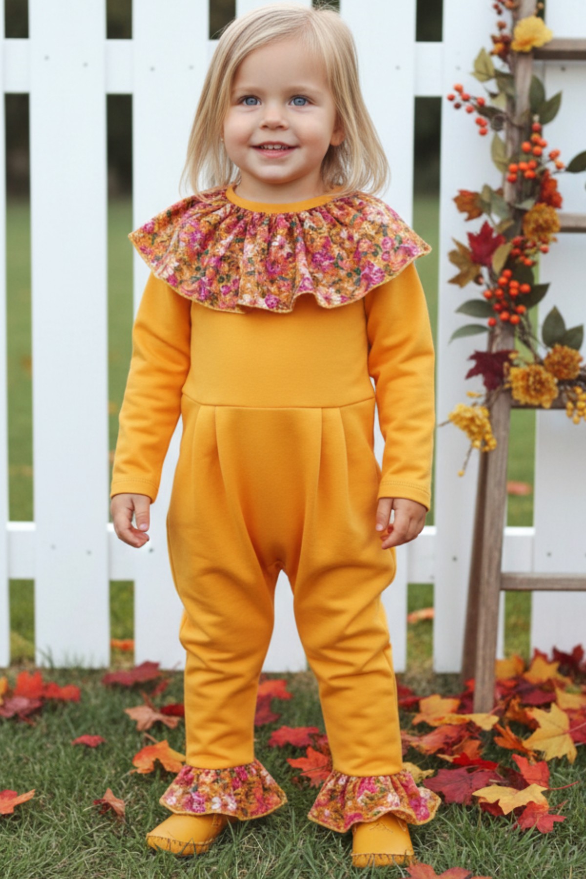 Parla Kids Kız Bebek Lotus Hardal Çiçekli Uzun Kollu Çıtçıtlı Yakalı Tulum, Tulum – Parla Kids resmi ürün görseli