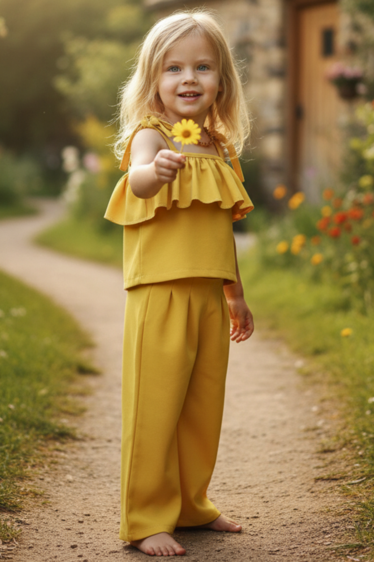 Parla Kids Kız Çocuk Ruffle Sarı Fırfırlı Bluz Pantolon Alt Üst Takım,  – Parla Kids resmi ürün görseli
