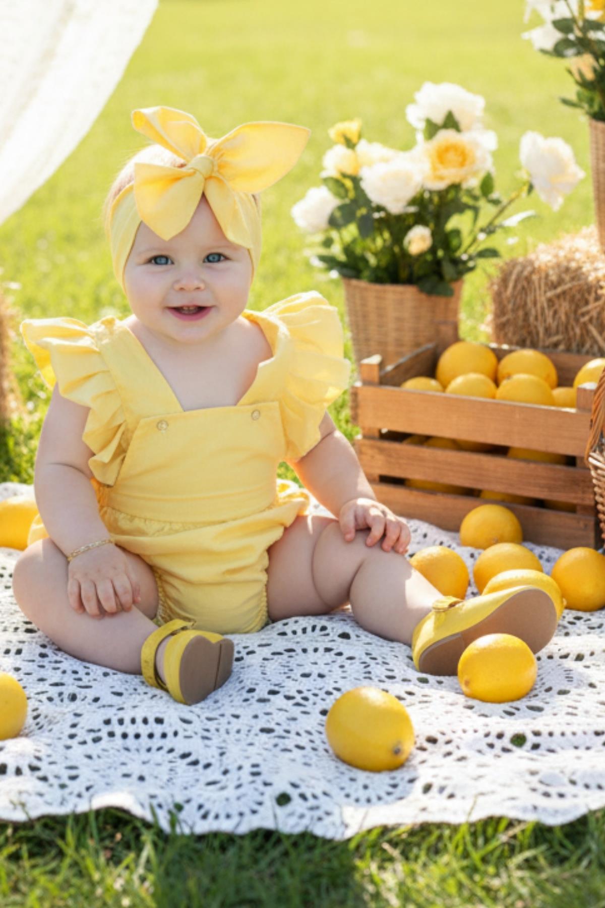Parla Kids Kız Bebek Sarı Pamuklu Salopet Bandana Takım TKM-0033, Tulum/Salopet – Parla Kids resmi ürün görseli