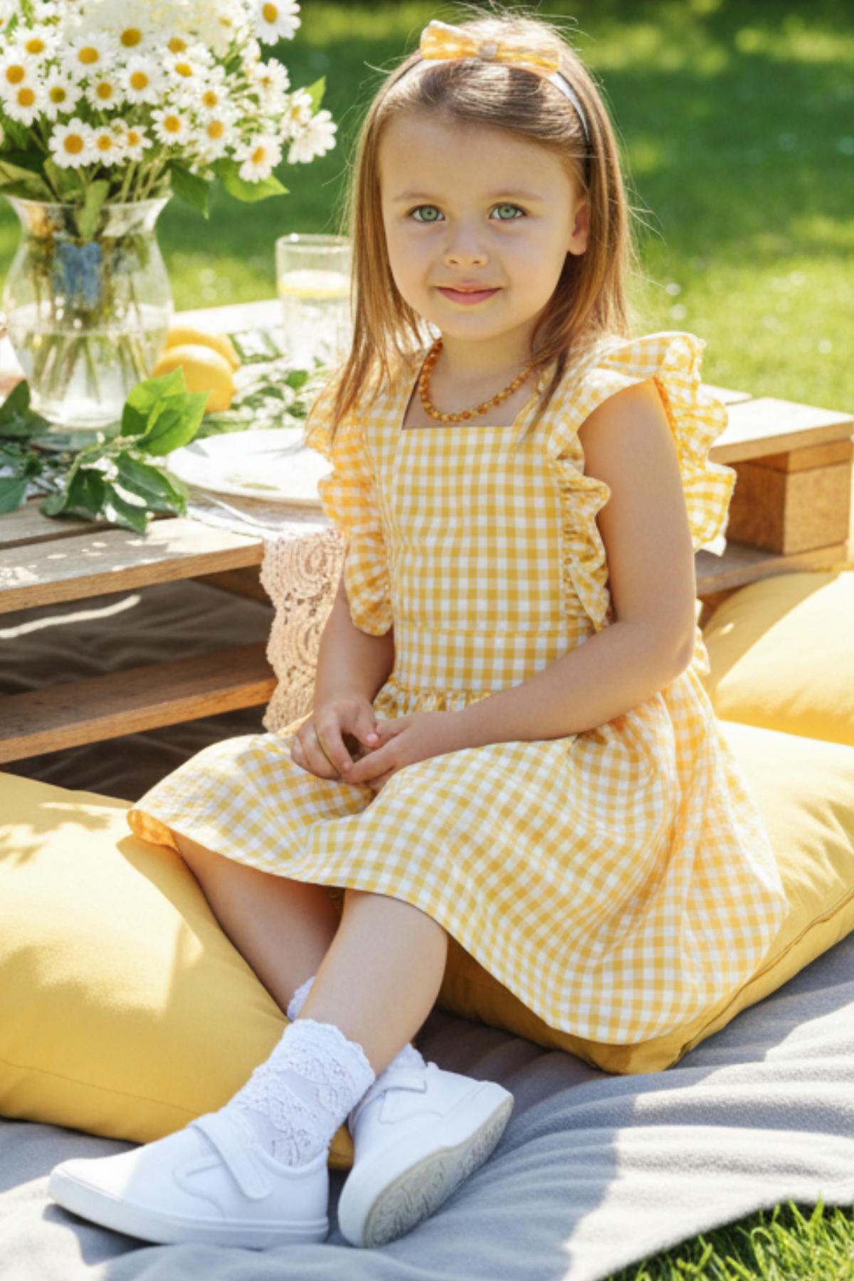 Parla Kids Kız Bebek Violetta Sarı Pötikareli Fırfırlı Bağlama Detaylı Elbise Bandana Takım,  – Parla Kids resmi ürün görseli