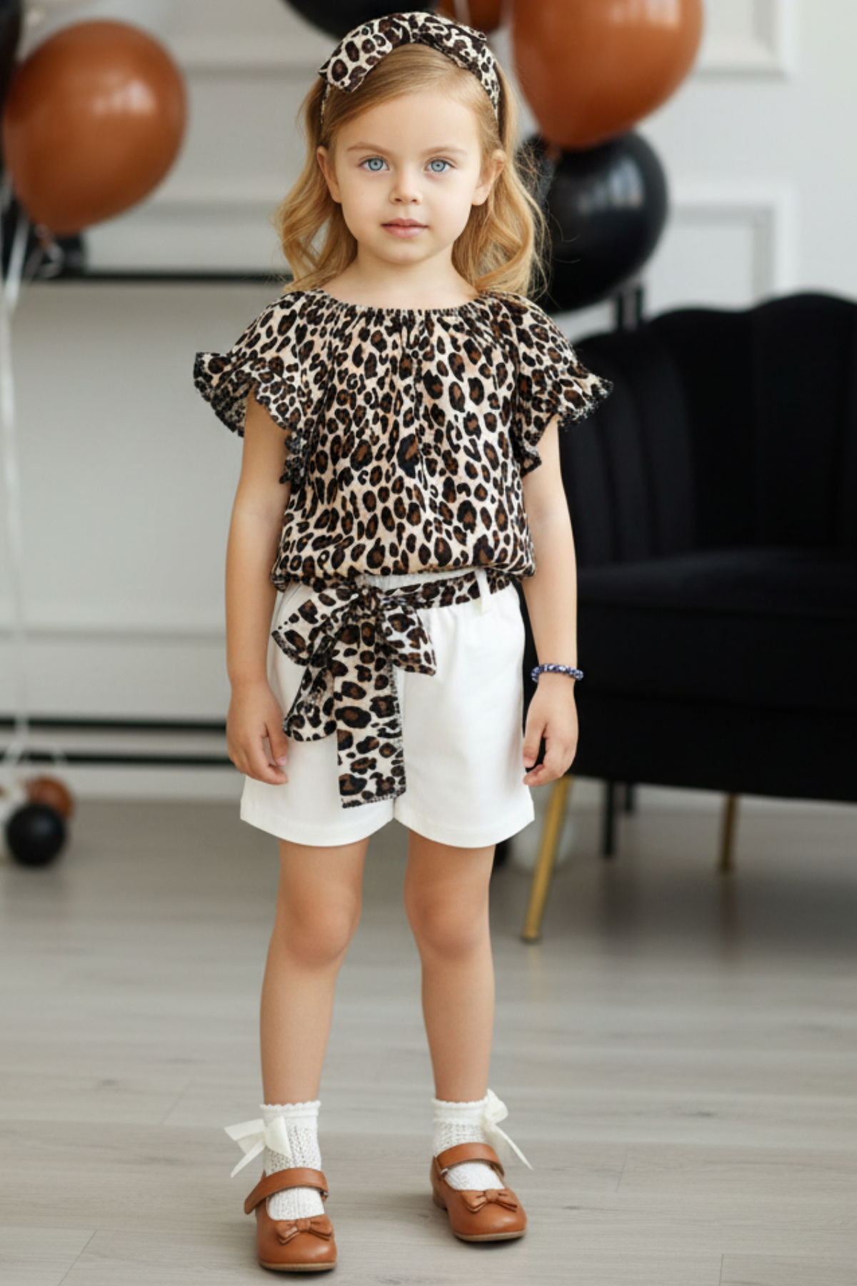 Parla Kids Kız Çocuk Viskon Leopar Madonna Yaka Şortlu Bandana Alt Üst Takım TKM-0178,  – Parla Kids resmi ürün görseli