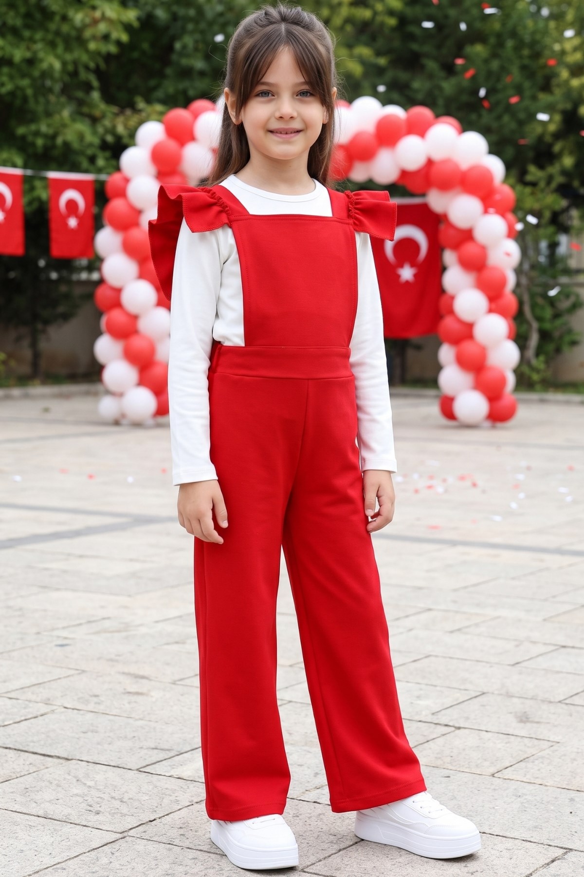 Parla Kids Kız Çocuk Berlin Kırmızı Pamuklu Fırfırlı Bağlama Detaylı Tulum Salopet Toka Takım, Tulum – Parla Kids resmi ürün görseli