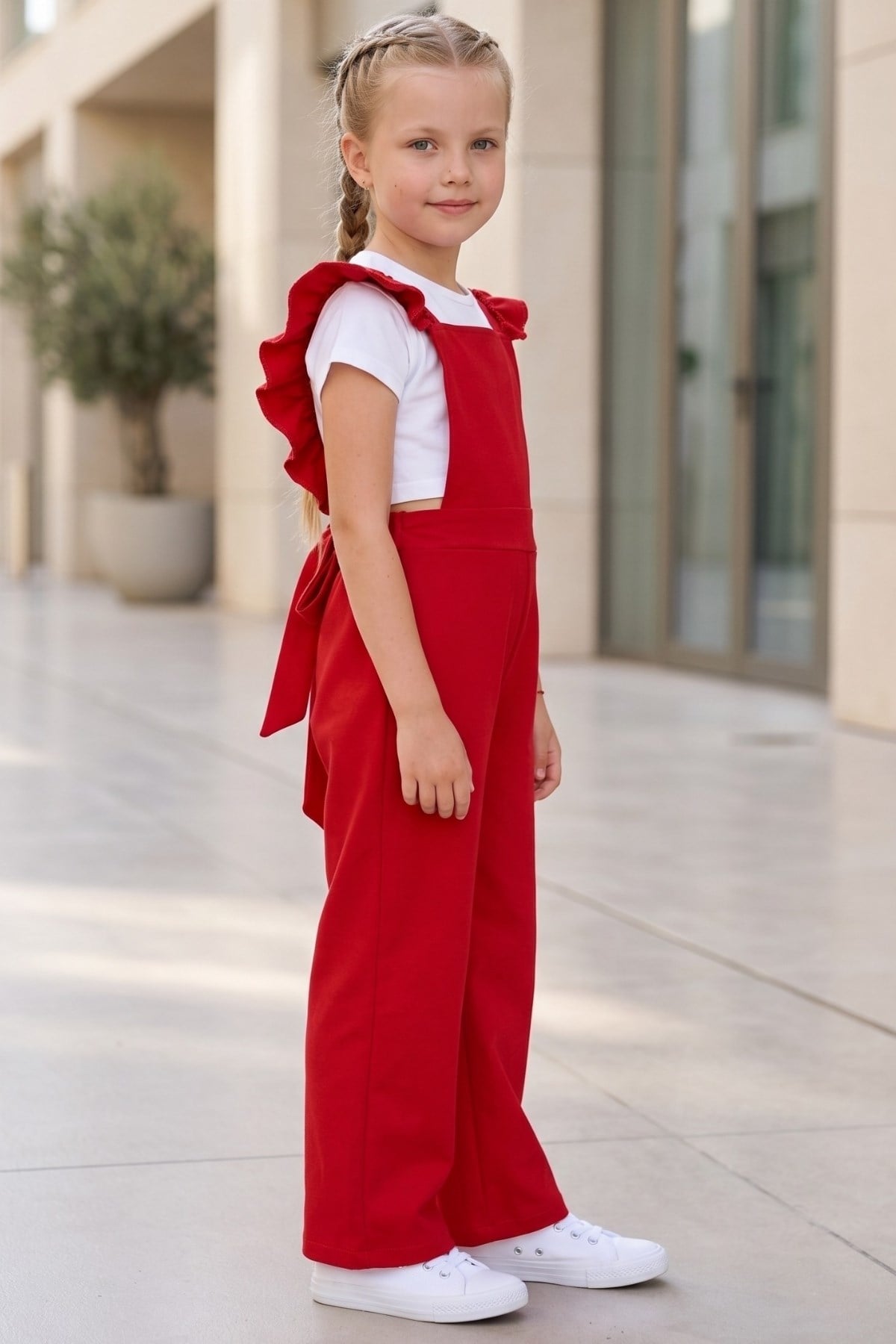 Parla Kids Kız Çocuk Berlin Kırmızı Pamuklu Fırfırlı Bağlama Detaylı Tulum Salopet, Tulum – Parla Kids resmi ürün görseli